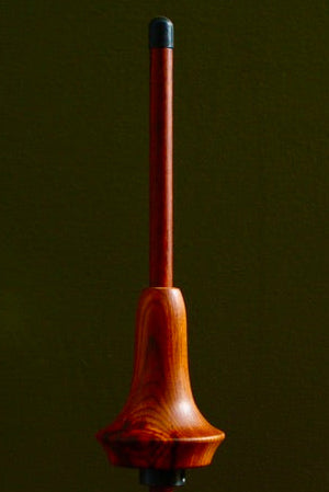 Wooden clarinet mouthpiece on a wooden stand against a dark green background